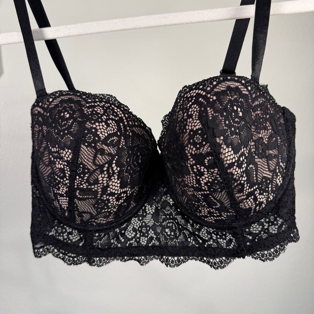 BLuxe Lace Balconette Bra Long Line‎ Size 36D Black Beige Lingerie